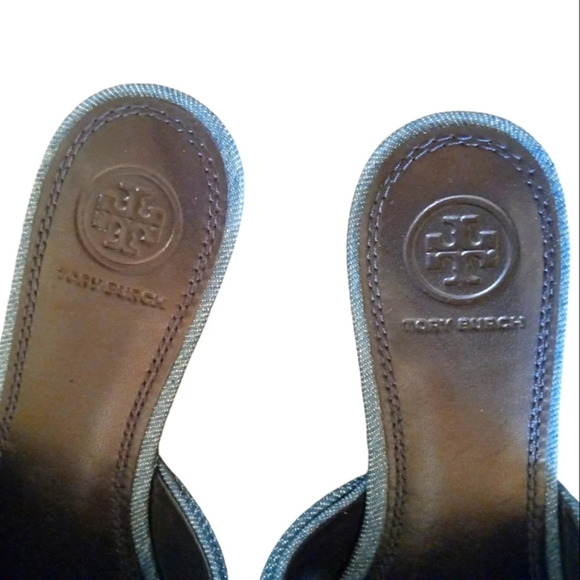 Tory Burch Annabelle Blue Denim Chambray Bow Detail Slide Sandals Size 5.5 New - Picture 7 of 9